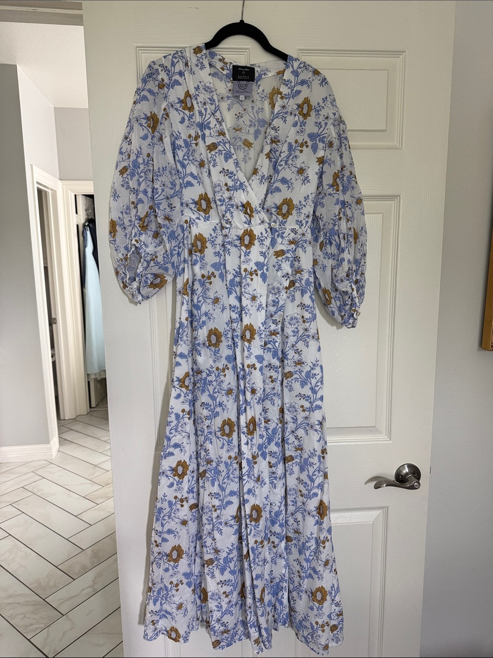 Thierry Colson x Barneys  White Maxi Dress with Blue & Gold Floral Print